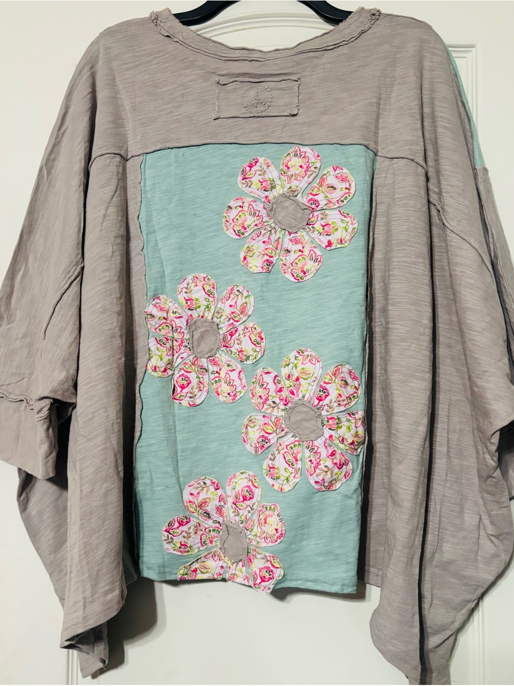 Blue Velvet Oversized Boho V-Neck Tunic with Floral Patchwork - Picture 2 of 5